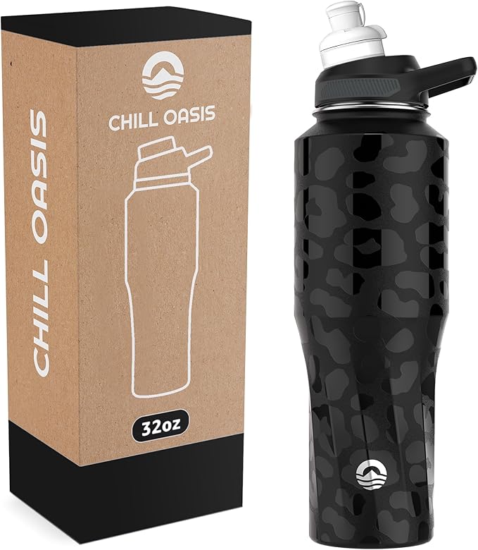 Chill Oasis Water Bottle | Compatible With Popular Flavor Cartridges | BPA Free, Leak Proof, Double-Walled Vacuum Insulated Stainless Steel, and Dishwasher Safe | Cold for 24 Hours (Leopard, 32oz)