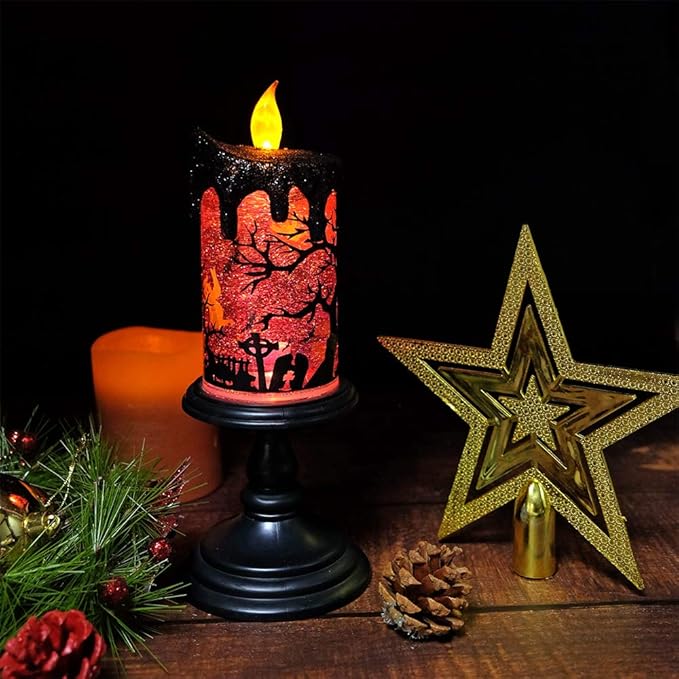 Eldnacele Halloween Snow Globe Candles Lighted Lamp, Battery Operated Spinning Water Glittering Tornado Flameless Candles Table Centerpiece for Halloween Decoration Indoor(Ghost)