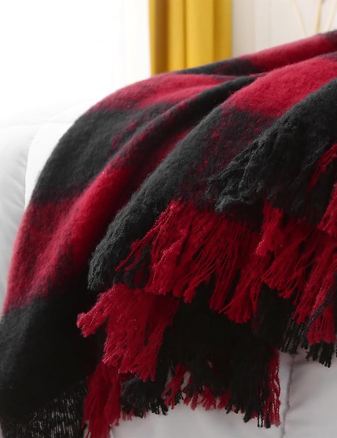 ZonLi Christmas Buffalo Plaid Throw Blanket, 50" x 60" Black and Red Decorative Blankets with Tassel for Couch, Bed, Sofa, Chair, Outdoor, Cozy Warm Lightweight Farmhouse