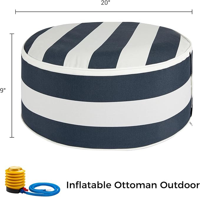 FUNHOME Inflatable Outdoor Ottoman with Air Pump,20"x9" Portable Patio Pouf,Water Resistant,Fade-Resistant,Round Blow Up Footrest Stools for Home Garden Camping Travel(Blue White)
