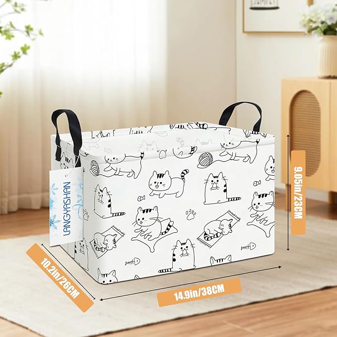 LANGYASHAN Rectangular Storage Bin Collapse Canvas Fabric Cartoon Storage Basket with Handles for Organizing Home Kitchen Boys and Girls Toys Office Closet Shelf Baskets (Rec Cat)
