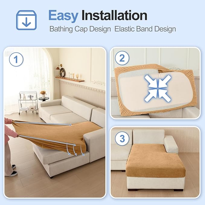 Sectional Couch Covers for L Shaped Sectional Sofa (Left or Right Facing) – Softer Chenille Sofa Covers Washable, Non-Slip Stretch Chaise Slipcover (Only 1PC Chaise Cushion Cover, Khaki)