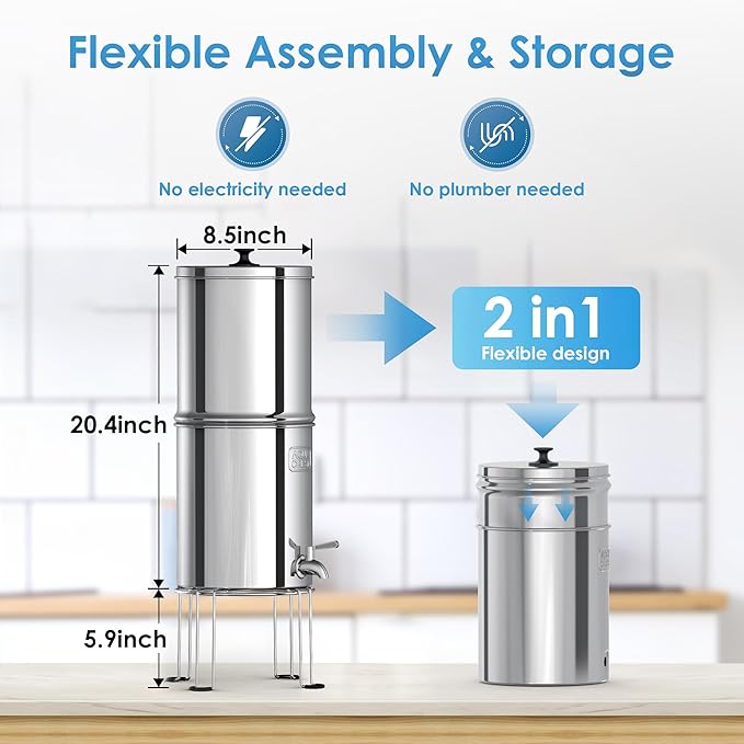 AQUA CREST Gravity Water Filter System, 304 Stainless Steel Countertop System with 4 Filters and Anti-Slip Stand, Reduce Fluoride and Chlorine, 2.25G, for Home, Camping, RVing, Off-Grid, Emergencies