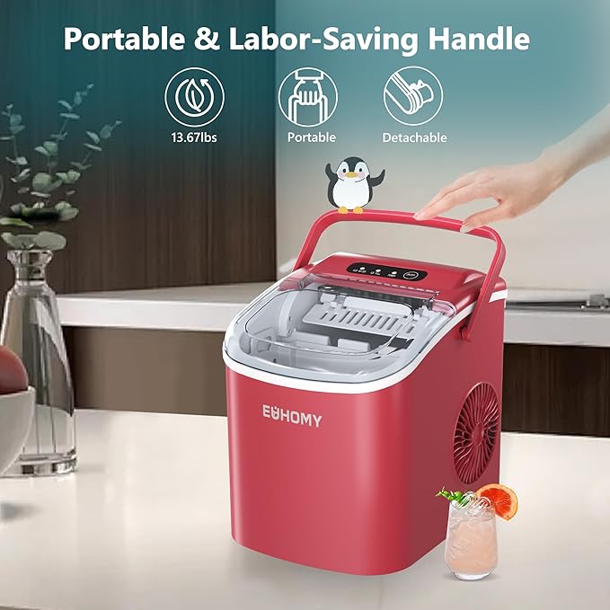 EUHOMY Countertop Ice Maker Machine with Handle, 26lbs Per Day, 9 Ice Cubes Ready in 6 Mins, Auto-Cleaning Portable Ice Maker with Basket and Scoop, for Home/Kitchen/Camping/RV (Red)