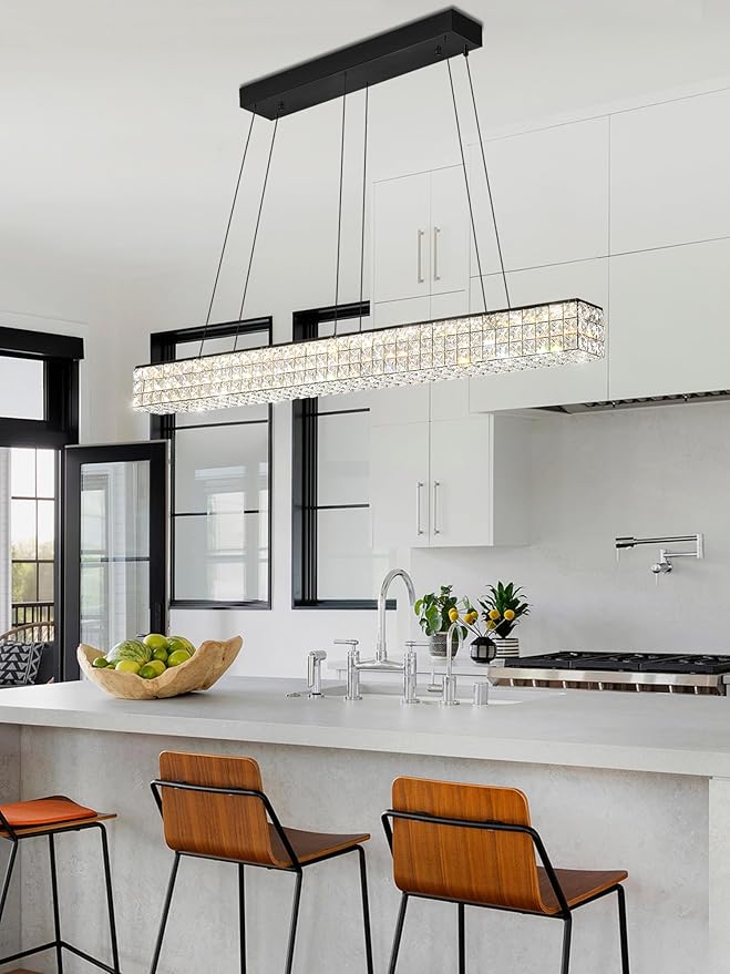 W48 Black Chandeliers for Dining Room, Modern Crystal Pendant Lights Fixture Farmhouse Hanging Dining Light Fixtures for Kitchen Island, Living Room, Bedroom