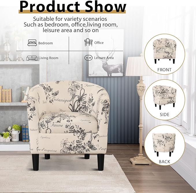 INZOY Modern Accent Chair with Ottoman for Small Space, Club Chair with Ottoman Set, Comfy Fabric Barrel Reading Chairs for Living Room Bedroom, Round Reading Chair with Foot Rest, Flower Pattern