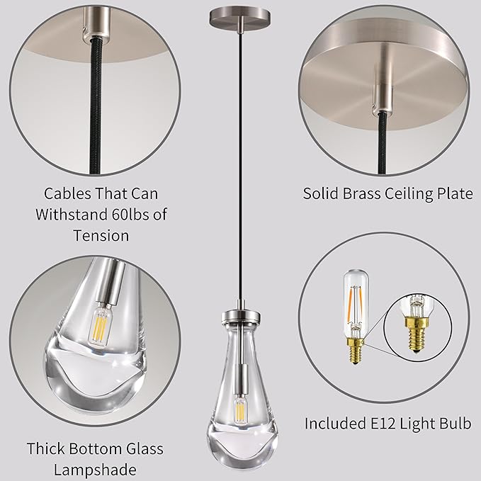 Raindrop Pendant Lights Set of 2, Nickel Pendant Lights Kitchen Island, Brushed Nickel Kitchen Island Light Dining Room Light Fixture, Chandelier for Bedroom Bathroom,Bulb Included