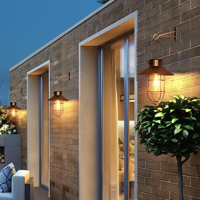pearlstar Solar Lanterns Outdoor Metal Solar Powered Hanging Lights Waterproof for Barn Wall Yard Garden Patio Garage Balcony Porch Fence Decor, Warm White Edison Bulb (Copper-2pack)