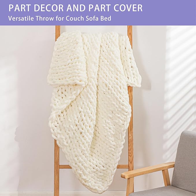 Bigacogo Chunky Knit Throw Blanket for Couch, 80x90 inches, 100% Hand Knitted with Thick Jumbo Chenille Yarn, Cozy Soft Large Rope Knot Cable Crochet Blankets for Sofa Bed Living Room, Ivory