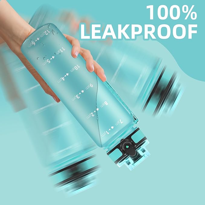 OLDLEY 32 oz Water Bottle, Motivational Water Bottle with Time Marker, Sports Water Bottle With Strap, Leakproof & BPA Free Large Water Bottles for School, Gym, Travel, Outdoor, Tritan,Green