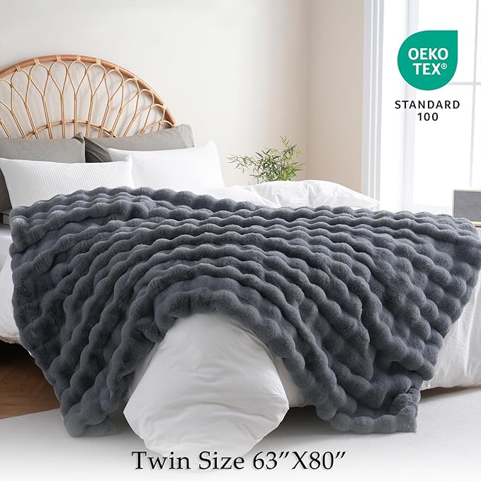 BENVWE Faux Fur Throw Blanket for Couch Bed - Fluffy Soft Thick Bubble Blanket for Living Room Home Decor - Fathers Day Birthday Gifts for Women Men, Grey, 63" x 80"