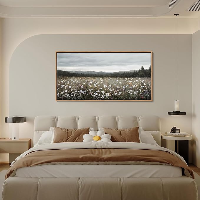HGUAOA Vintage Framed Floral Landscape Wall Art for Living Room - Large Nature Artwork Above Bed Wall Decor - Farmhouse Mountain Pictures for Bedroom Wall Decor 20×40IN