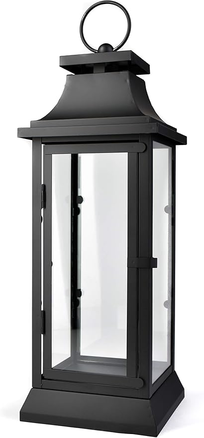 Serene Spaces Living Black Metal Hurricane Lantern with Clear Glass – 15" Tall, 5" Square. Versatile Hanging/Tabletop Candle Holder for Weddings, Parties, Indoor & Outdoor Home décor.