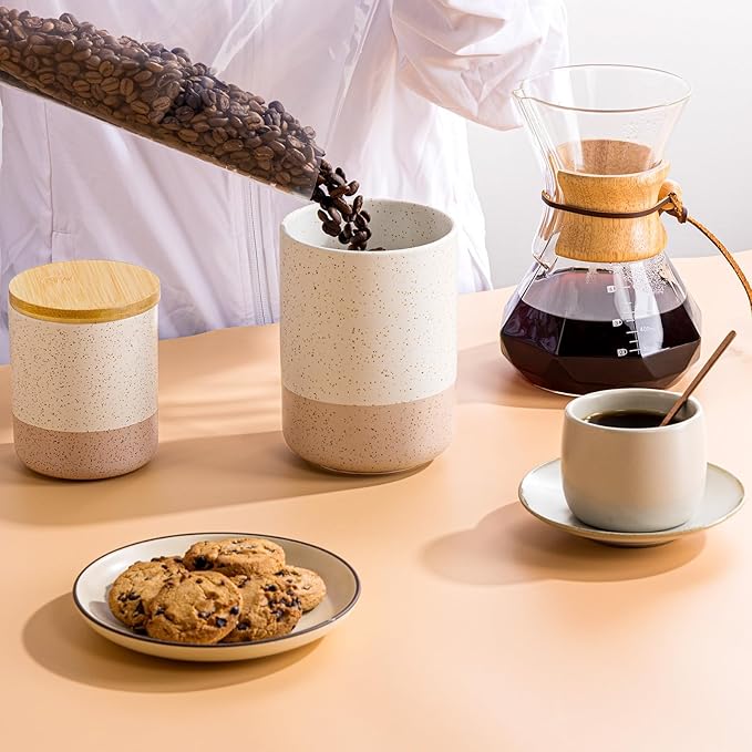 Yangbaga Canister Sets for Kitchen Counter, 40 OZ Large Ceramic Food Storage Jars with Airtight Wood Lids, Large Kitchen Canisters for Coffee, Sugar, Tea, Flour, Spice Visit the Store