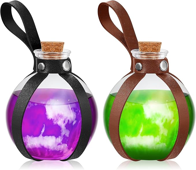 Patelai 2 Pcs Halloween Glass Potion Bottles with Belt Cork Renaissance Witch Costume Accessories Witch Props Potion Bottle for Halloween Party Decor Cosplay DIY Crafts Gift (Black,Brown)