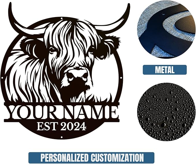 Personalized Highland Cow Name metal Signs,Custom Highland Cow Metal Shed Wall Decor,Black Metal Wall Art Plaques Outdoor wall Decorative Signage (Style F)