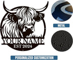 Personalized Highland Cow Name metal Signs,Custom Highland Cow Metal Shed Wall Decor,Black Metal Wall Art Plaques Outdoor wall Decorative Signage (Style F)
