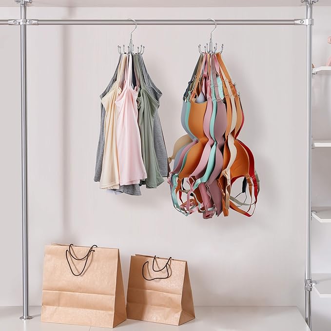 ZEDODIER Tank Top Hanger, Rotatable Bra Organzier for Closet, Max 24 Storage Capacity Sport Bra Holder, Metal Space Saving Closet Organizers and Storage, Silver