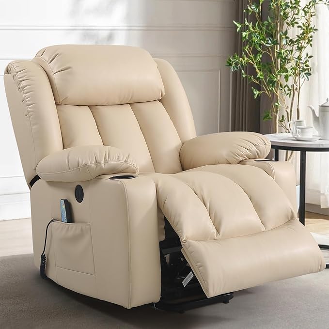PARKOL Power Lift Recliner Chair for Elderly Breathable Leather Recliner Chair with Massage and Heat,2 Cup Holders,Electric Stand Assist,USB Ports,Gifts for Family (Grey)