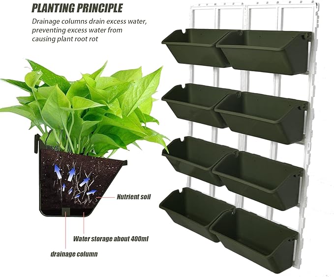 8 Pockets Vertical Planters,Wall Mounted Plastic Plant Grow Pots,Wall Pocket Planters for Indoor,Outdoor,Balcony,Garden Decoration,Green