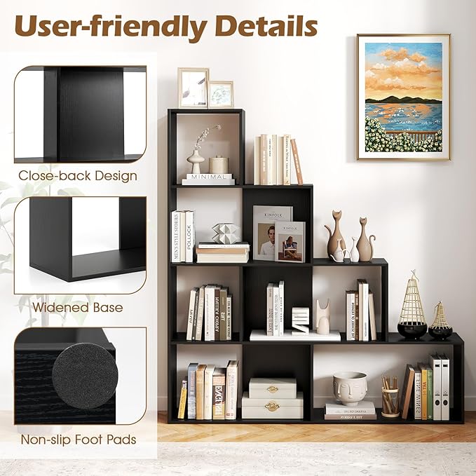 Tangkula 4-Tier Stepped Bookshelf, Freestanding 6 Cubes Ladder Bookcase with Anti-Tipping Kits, 64" Tall Modern Wooden Storage Display Rack for Home Office Living Room Study (2, Black)