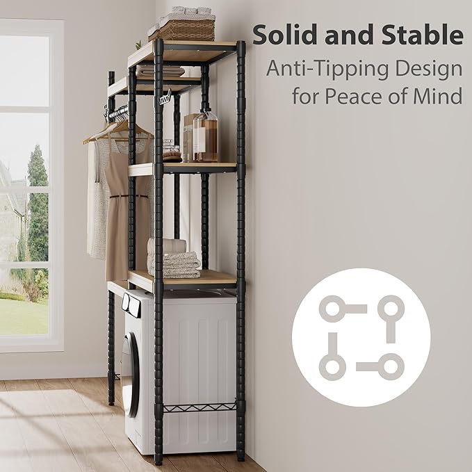 5-Tier Over-The-Washer Shelf - Adjustable 28" Laundry Organizer with 100lb Double Wood Shelves, Space-Saving Storage Unit for Small Homes (Natural & Black)