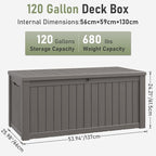 KAMABOKO Outdoor Storage Box, 120 Gallon Large Outdoor Resin Deck Box, Storage Waterproof Boxes Lockable Lid for Garden Tools, Pool Supplies, Patio Furniture and Cushions, Grey