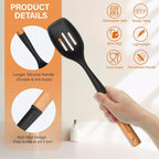 Large Silicone Cooking Spoon Set, 2 Pack Solid Slotted Spoon with Wooden Handle, Nonstick Silicone Kitchen Spoons for Cooking, Heat Resistan Spatula Set for Serving, Basting, Mixing (Black)