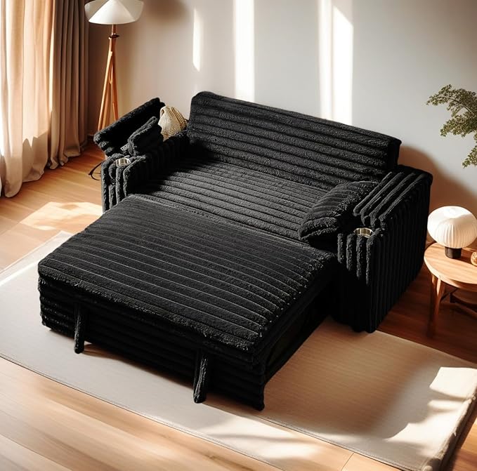 57-Inch Velvet Full Size Sleeper Sofa Couch with Pullout Bed,Convertible Pull Out with Golden Decorative Strip and Adjustable Backrest for Small Spaces,Apartment, Guest Room, RV (1109Black)