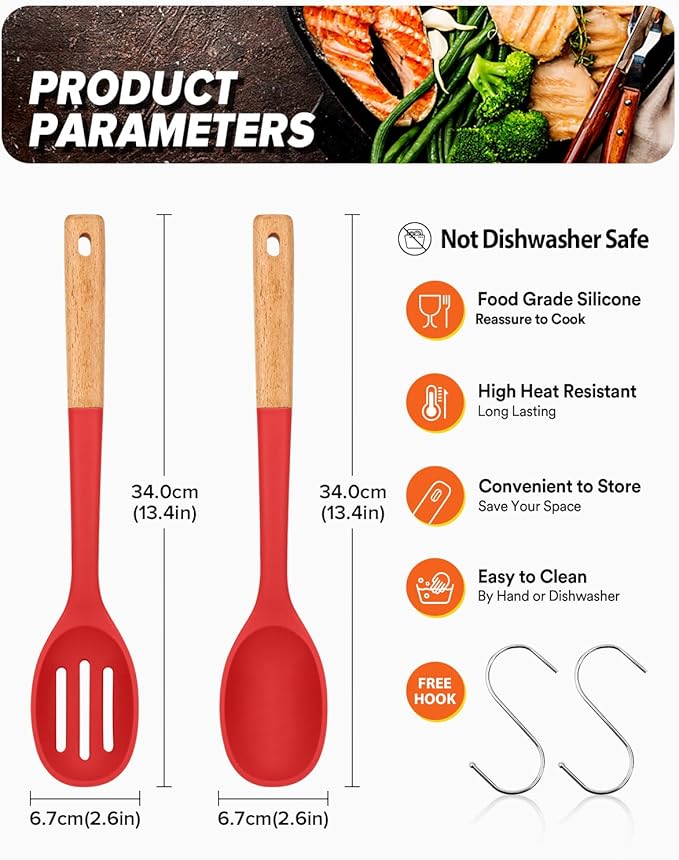 Silicone Cooking Spoons, Great for Scooping Sides and Serving Hearty Stews, BPA-Free Matte Silicone, Wooden Handle Serving Spoon for Nonstick Cooking Surfaces (Red)
