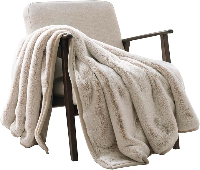 Ultra Soft Luxury Fluffy Mink Faux Fur Throw Blanket, Thick Warm Fall Winter Blankets for Bed, Couch, Cozy Plush Reversible Blanket for Chair, Sofa (Tipped Champagne Ivory, 60"x80")