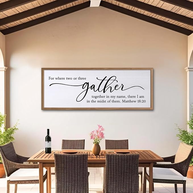 For Where Two Or Three Gather Sign Dining Room kitchen Wall Decor Bible Verse Scripture Matthew 18:20 Wooden Frame 32X12 Inch for Christian Family Hanging Art (Wood)