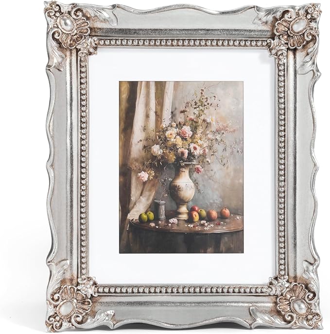 8x10 Vintage Picture Frame with Embossed Flower Design, Silver Ornate Frame for 8x10 or 5x7 Pictures with White Mat, Hand-Crafted Resin Antique Frames for Tabletop & Wall Hanging, Home Decor (Silver)