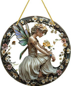 Flower Fairy Garden Decorations Angel Wing Christmas Halloween Deco Statue Art Elf Sculpture Hanging Craft for Outdoor Yard Courtyard Lawn Patio Window Acrylic Ornament Home Gift (B,L: 8*8 IN)