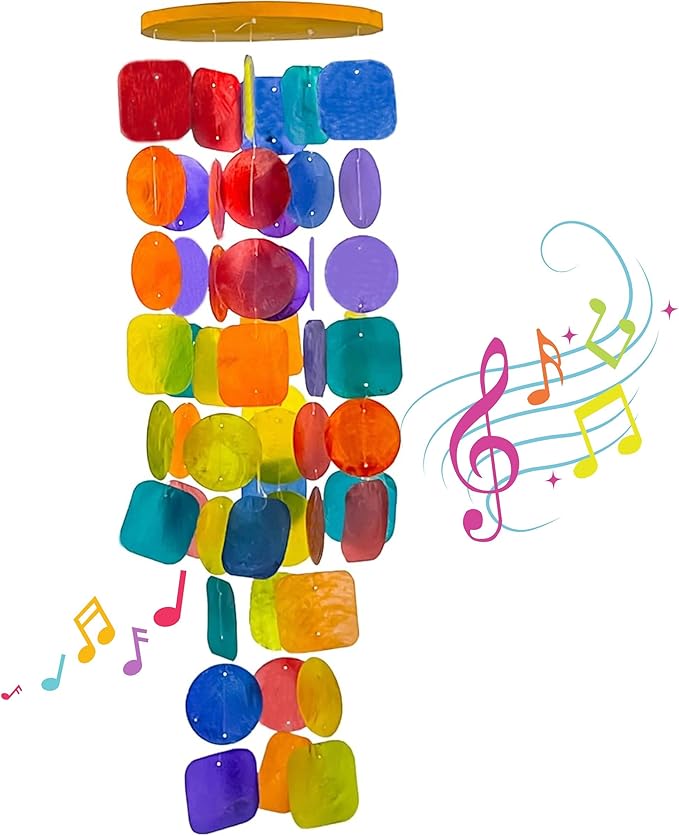 Bellaa 22890 Wind Chimes Outdoor, Garden Decorations, Musical, Indoor/Outside Windchimes, Beach, Ocean Breeze, Gifts for Mom, Gift for All Occasions, Capiz Sea Glass Shells Wood 27 inch Rainbow
