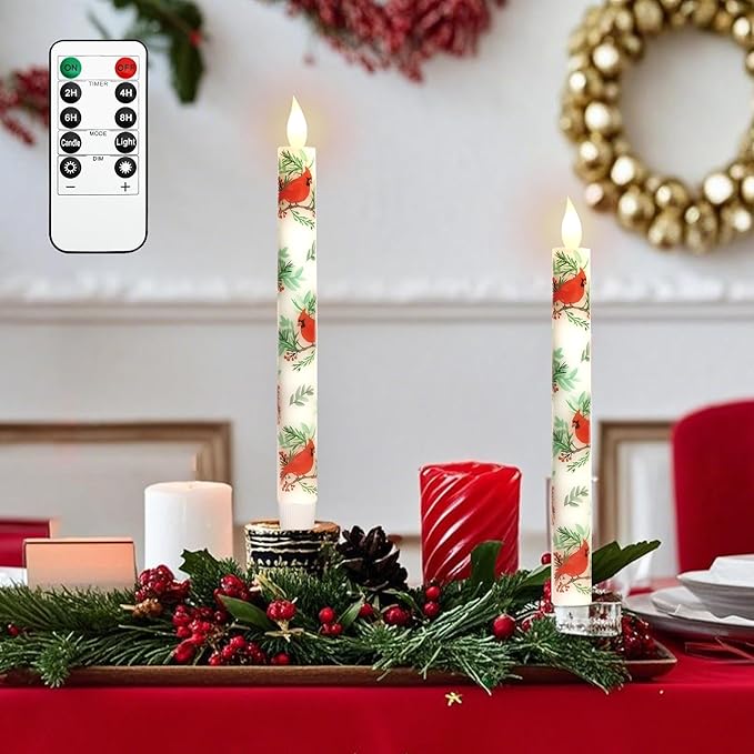 Cardinal Bird Flameless Taper Candles with Remote - Red Bird Theme LED Taper Candles for Home Xmas Holiday Party Christmas Decoration - 2PCS 9.5INCH
