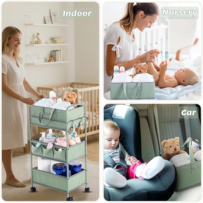 Honeydak 2in1 Baby Diaper Caddy Organizer Cart 3 Tier Large Capacity Metal Utility Bedside Rolling Cart with Divider for Newborn Nursery Essential Must Have for Crib Bedroom Baby Shower(Green)