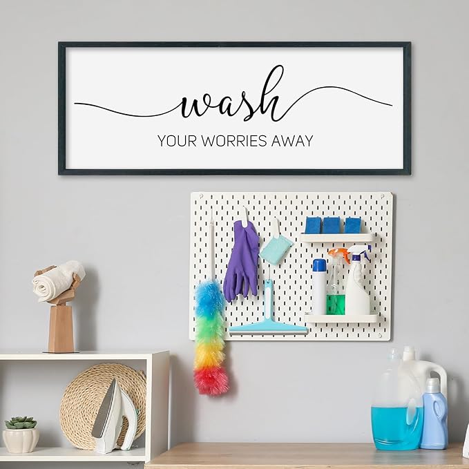SRSZHIYUE Wash Your Worries Away Bathroom Sign Wall Art 32"×12" Funny Restroom Toilet Large Wood Framed Hanging Decor (Black)