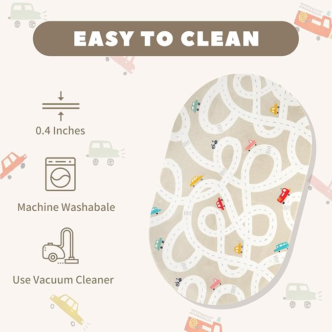 STARUIA Large Kids Rug for Playroom, 4'x6' Washable Road Rug for Nursery, Non-Slip Car Rugs for Boys Room, Tan Traffic Classroom Rugs Soft Baby Play Mat for Dorm Toy Room Tent