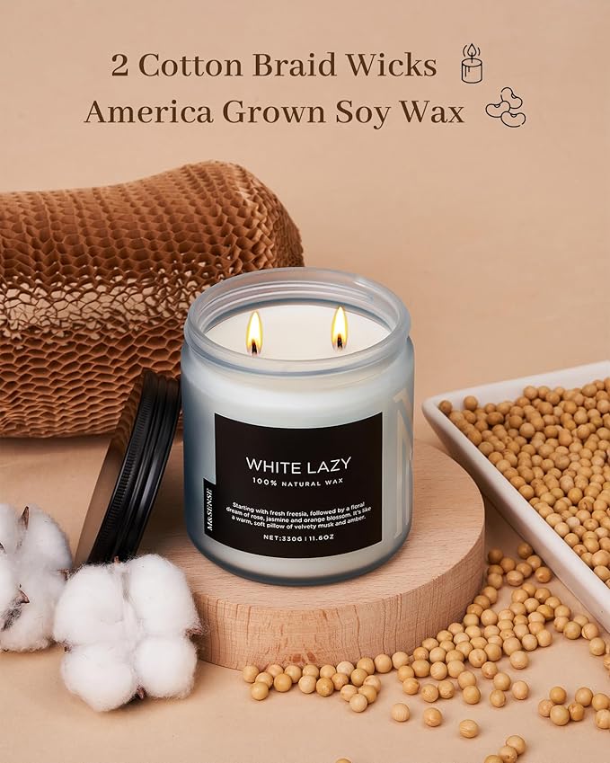 M&SENSE Jasmine & Clean Cotton Spring Scented Candle, 11.6oz Aromatherapy Gifts 2 Wick 70 Hours Long Lasting Burn, Natural Organic Soy Candle, Housewarming Gifts for Dad Mom Friends