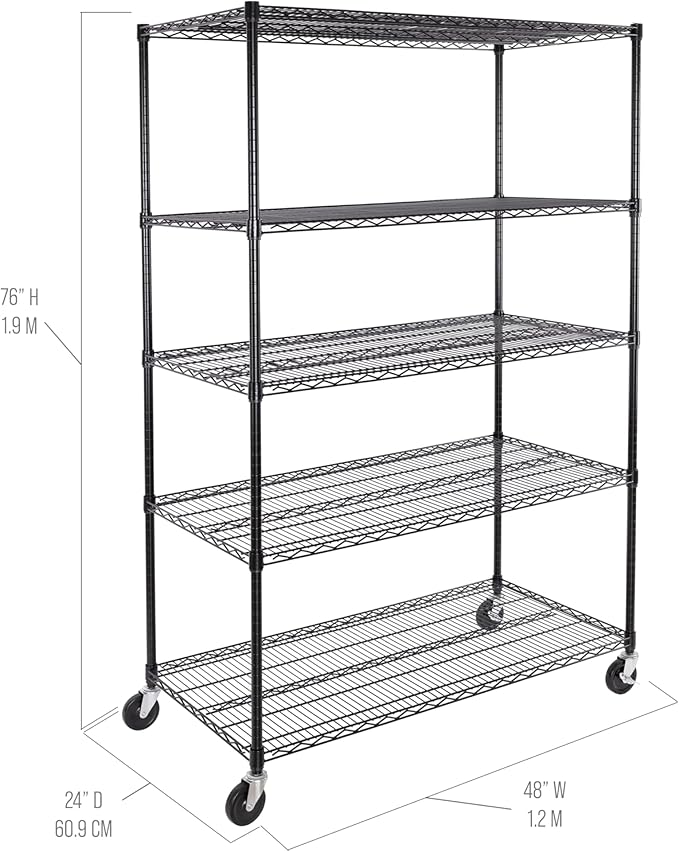 Seville Classics UltraDurable Heavy Duty NSF Solid Steel Wire Rack Storage Unit, Organizer for Garage, Warehouse, Office, Restaurant, Classroom, Kitchen, Black, 5-Tier Shelving, 48" W x 24" D