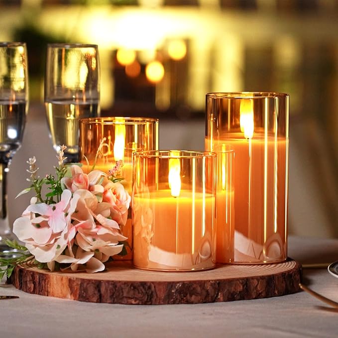 Homemory Amber Glass Flameless Candles, Battery Operated LED Pillar Candles with Remote Control and Timer, Radiance Candles, Real Wax, Set of 3,D3 xH4 5" 6"