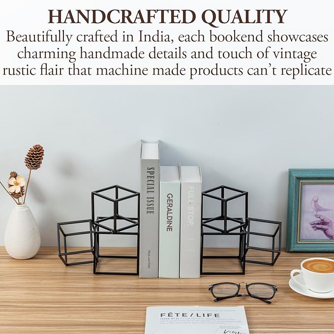 MyGift Modern Matte Black Metal Geometric Bookends in 3 Cube Frame Design, Decorative Book Stands for Home Library Bookshelf Office Desk, 1 Pair, Handcrafted in India