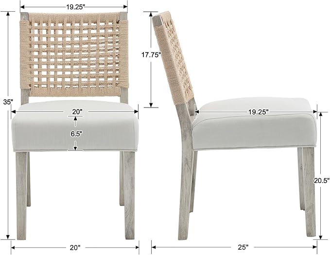 Kmax Farmhouse Dining Chairs Set of 2, Rustic Kitchen Chairs with Linen Fabric Seat and Woven Back, Vintage Accent Chairs for Dining Room, Living Room, Ivory