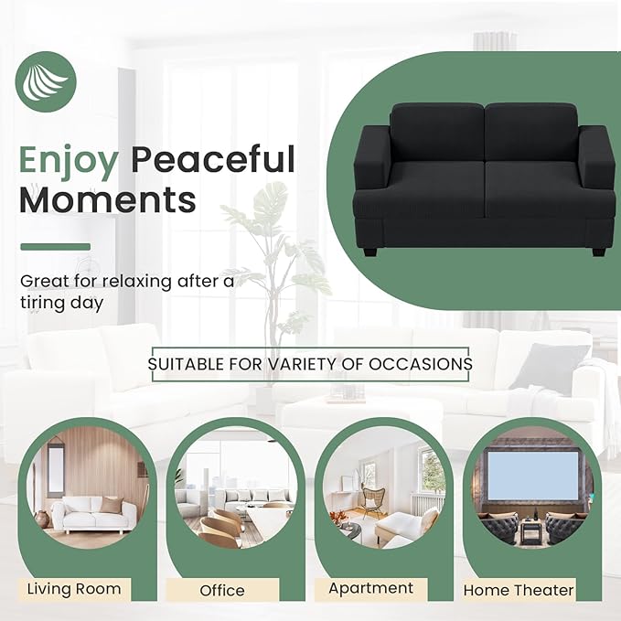 63” Corduroy Loveseat Sofa Couch for Living Room, Small Couch with Deep Seat for Bedroom, Comfy Could Loveseat for Small Living Room, Black Corduroy