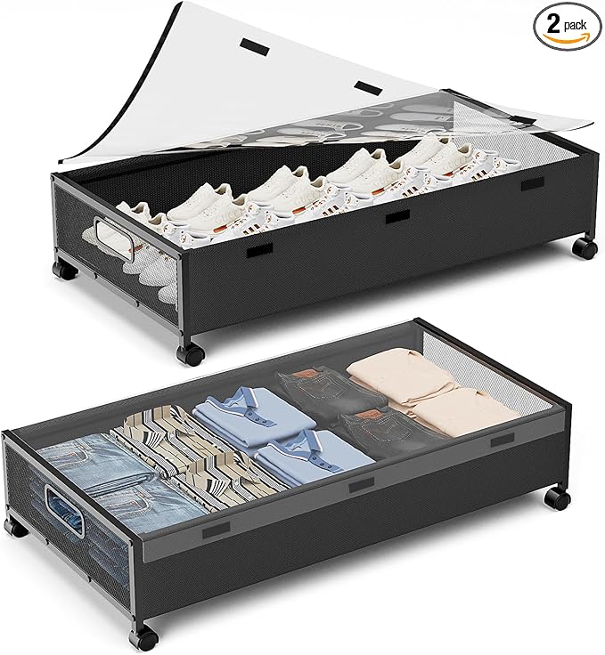 Under Bed Storage Containers with Wheels, 2 Pack Underbed Shoe Storage Organizer with Removable Lids, Large Rolling Under Bed Storage Dresser Drawers for Clothes Toys Shoes Blankets