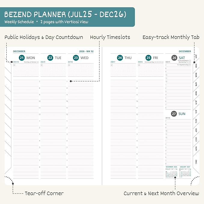 BEZEND Planner 2025-2026 Weekly and Monthly, 5.8" x 8.5" Academic Calendar (Jul 25-Dec 26) Vertical Daily Appointment with Hourly Timeslot & Monthly Tab, PU Leather Hardcover - Red
