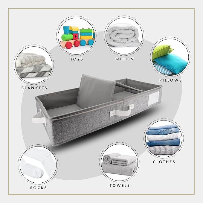 HOMELUX THEORY 2pc Under Bed Storage Containers, Bedroom Under the Bed Drawer Storage Organizer with Bins and Lids, Medium Underbed Clothes Storage Box Ideal for Blanket, Fabric, & Shoes (LightGray)