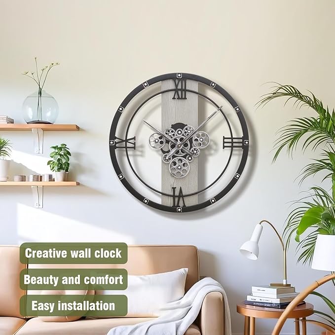 Micasso 24 inch Large Real Moving Gears Wall Clock: Black Industrial Steampunk Roman Numeral Clock - Modern Wall Decor for Living Room/Entryway/Office