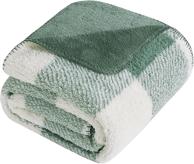 LURKA Checkered Sherpa Fleece Twin-Size Bed Blanket - Extra Thick and Warm Winter Soft Fuzzy Plush Blanket for Couches, Beds & Pets, Sage, 60x80 Inches
